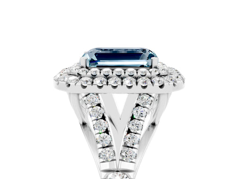 White gold Double Halo Emerald Cut Aquamarine Pavé Split Shank Ring with Prong Setting_5