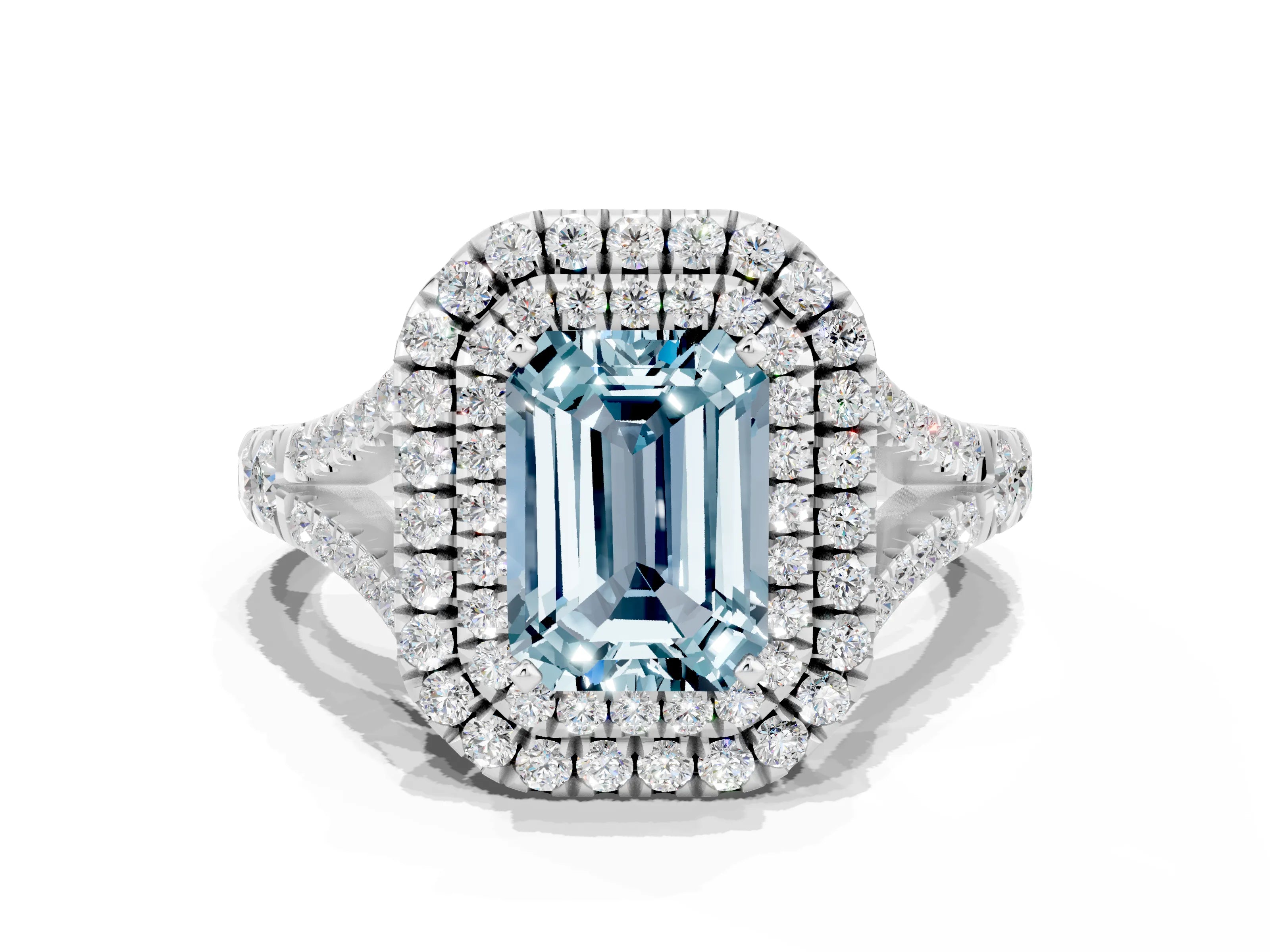 White gold Double Halo Emerald Cut Aquamarine Pavé Split Shank Ring with Prong Setting