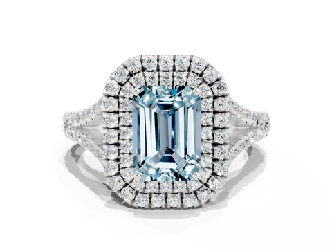 White gold Double Halo Emerald Cut Aquamarine Pavé Split Shank Ring with Prong Setting