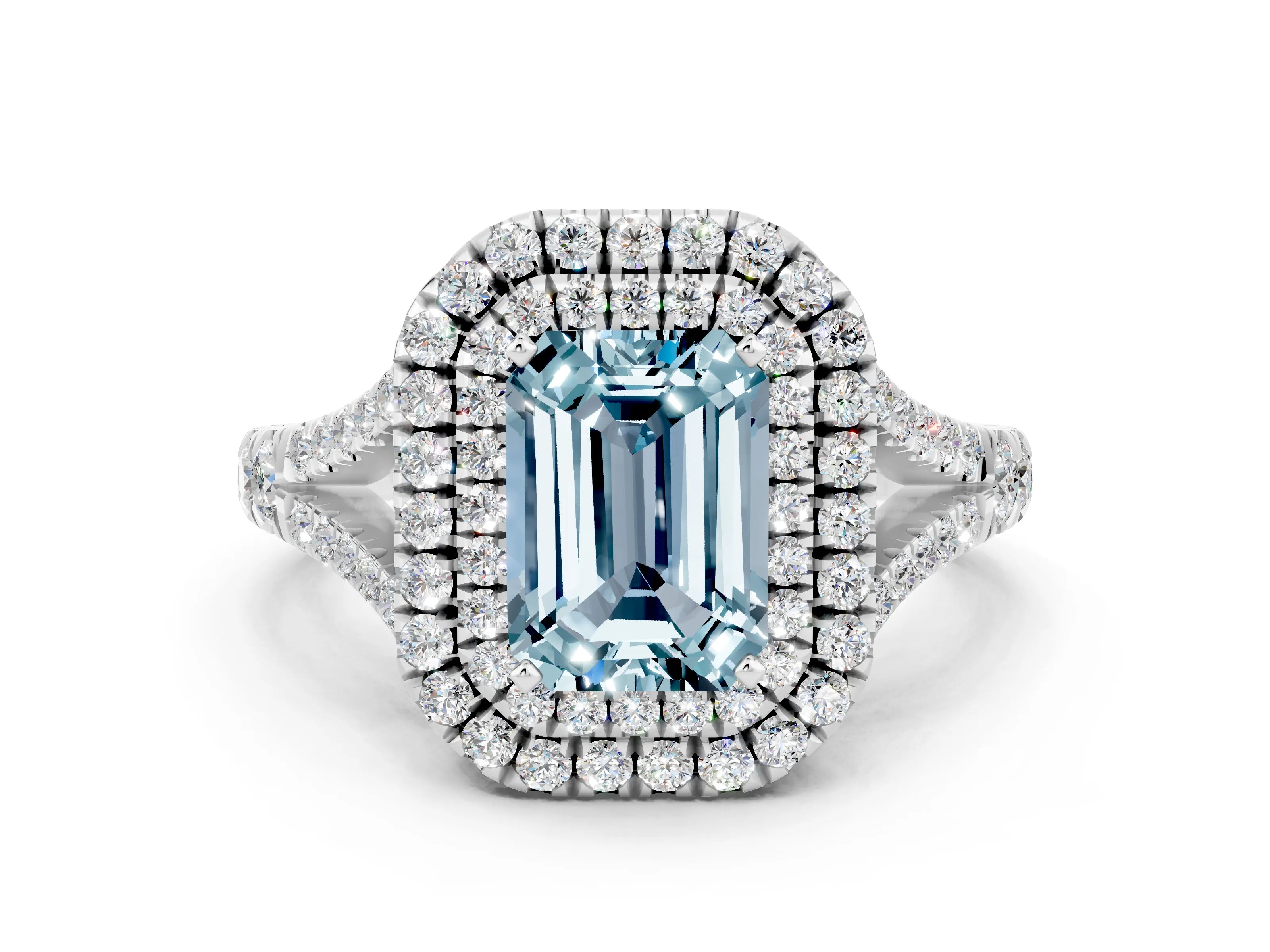 White gold Double Halo Emerald Cut Aquamarine Split Shank Engagement Ring with Four-Prong Setting
