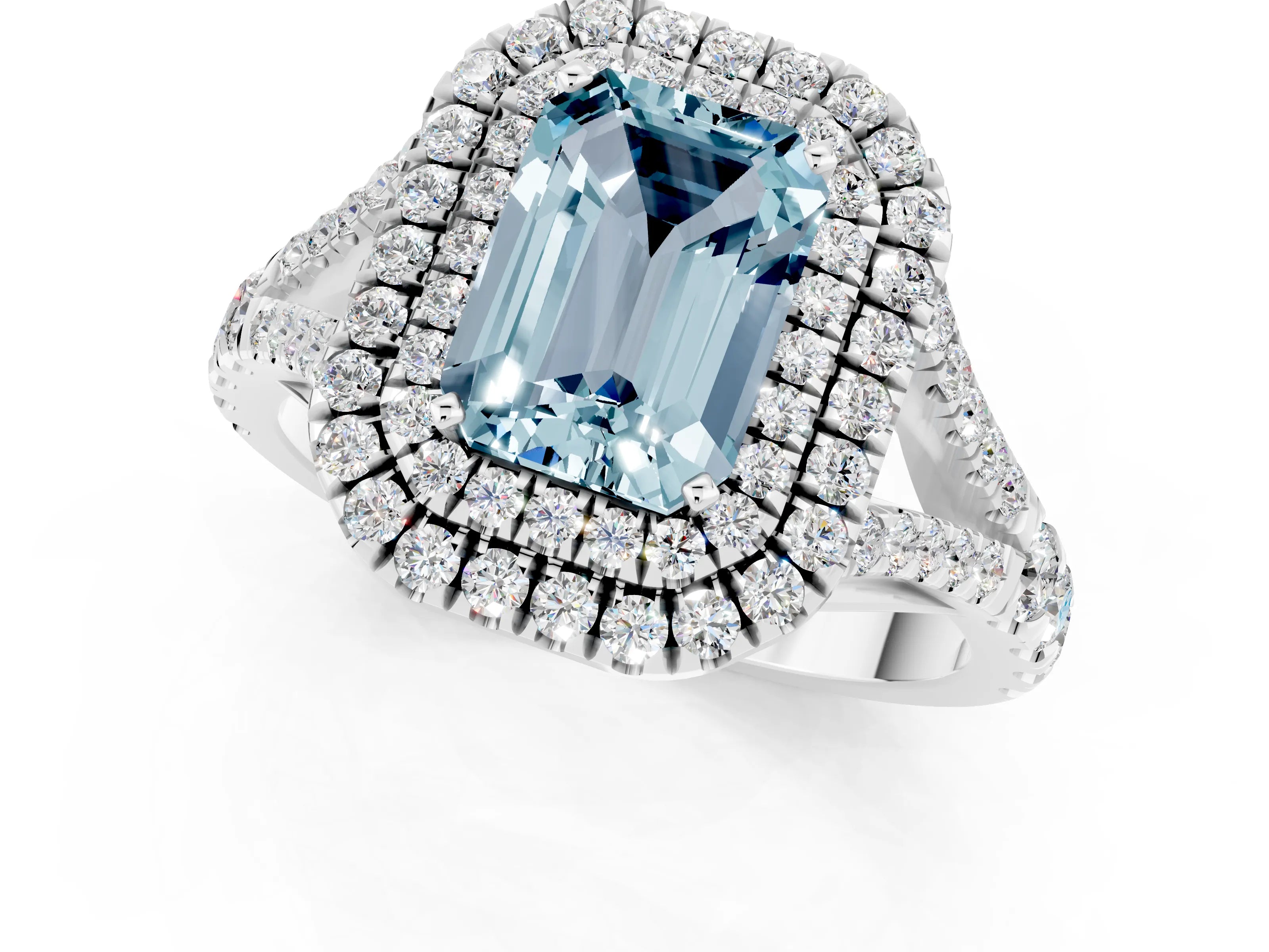 White gold Double Halo Emerald Cut Aquamarine Split Shank Engagement Ring with Four-Prong Setting_1
