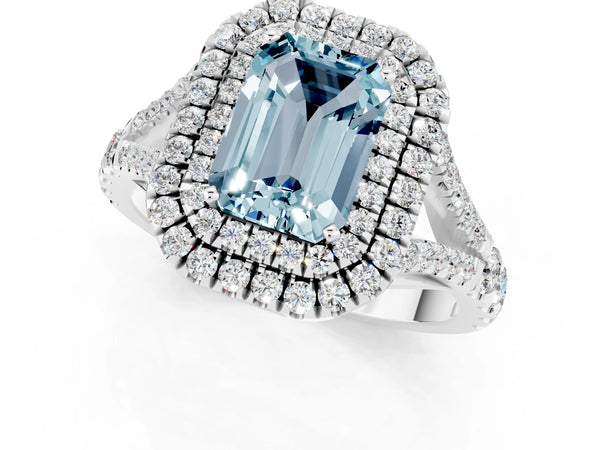 Silver Double Halo Emerald Cut Aquamarine Split Shank Engagement Ring with Four-Prong Setting