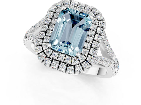 White gold Double Halo Emerald Cut Aquamarine Split Shank Engagement Ring with Four-Prong Setting_1