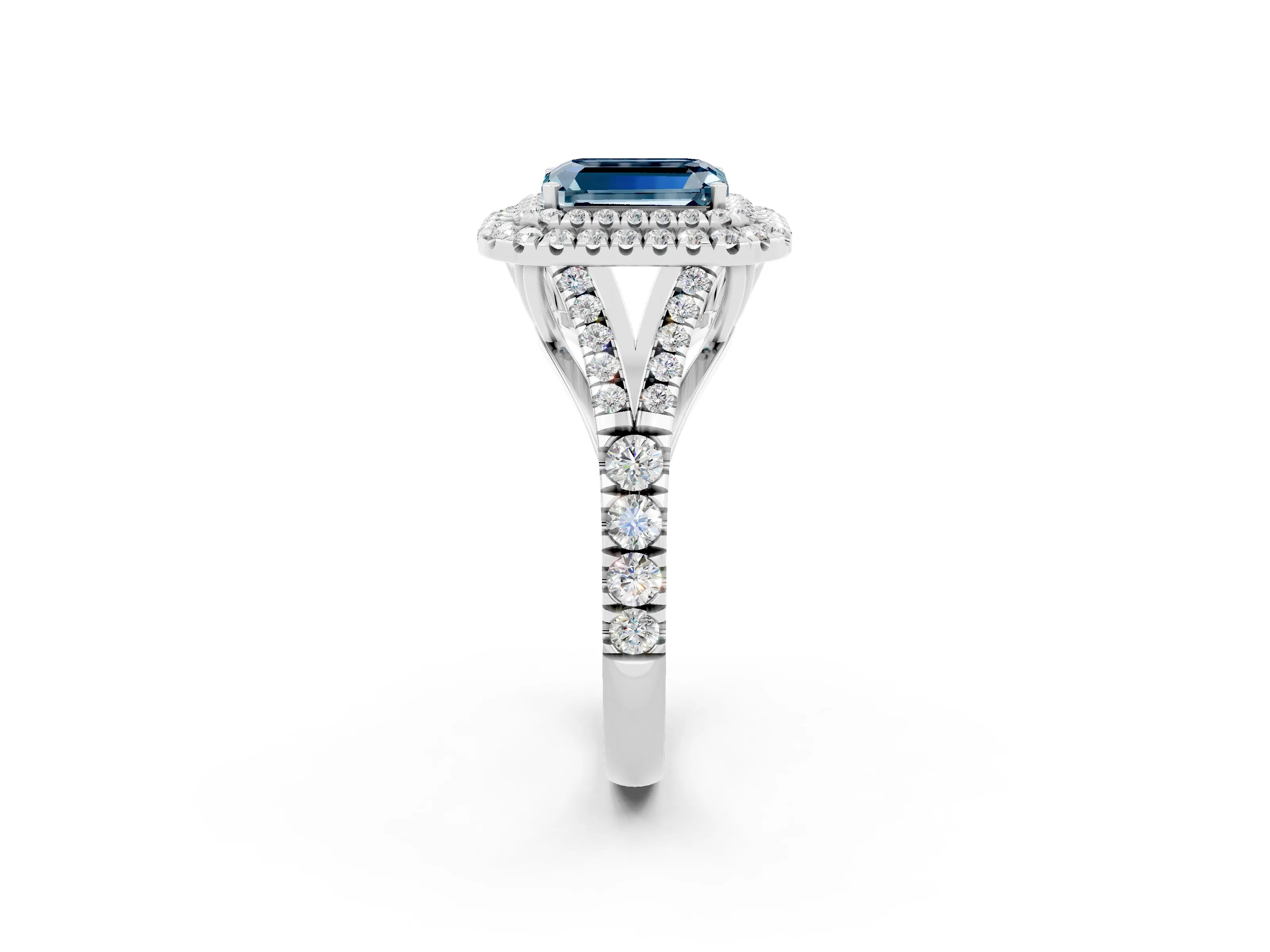 White gold Double Halo Emerald Cut Aquamarine Split Shank Engagement Ring with Four-Prong Setting_2