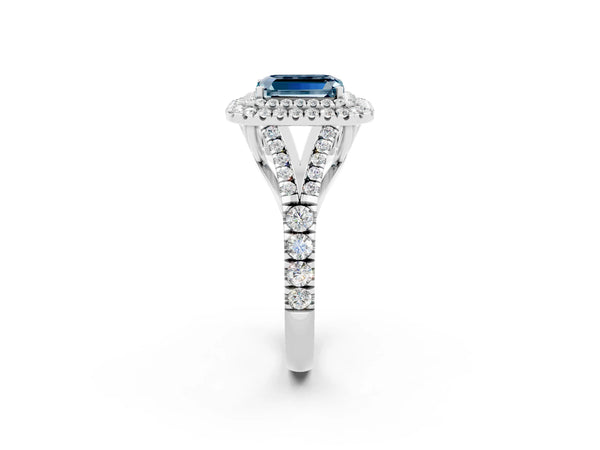White gold Double Halo Emerald Cut Aquamarine Split Shank Engagement Ring with Four-Prong Setting