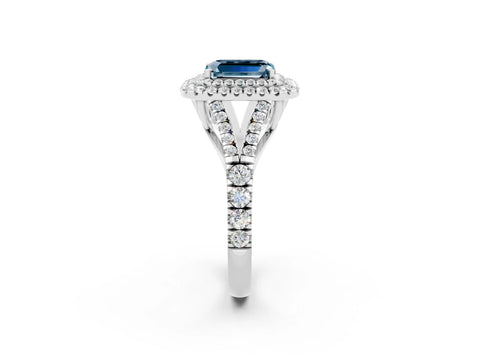 White gold Double Halo Emerald Cut Aquamarine Split Shank Engagement Ring with Four-Prong Setting_2