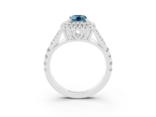 Silver Double Halo Emerald Cut Aquamarine Split Shank Engagement Ring with Four-Prong Setting