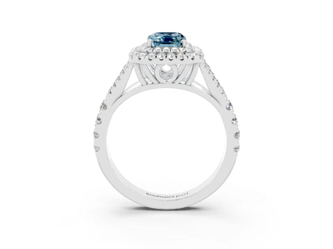 White gold Double Halo Emerald Cut Aquamarine Split Shank Engagement Ring with Four-Prong Setting_3