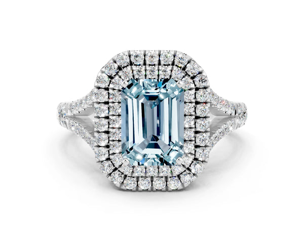 White gold Double Halo Emerald Cut Aquamarine Split Shank Engagement Ring with Four-Prong Setting