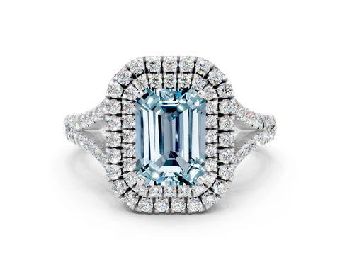 White gold Double Halo Emerald Cut Aquamarine Split Shank Engagement Ring with Four-Prong Setting