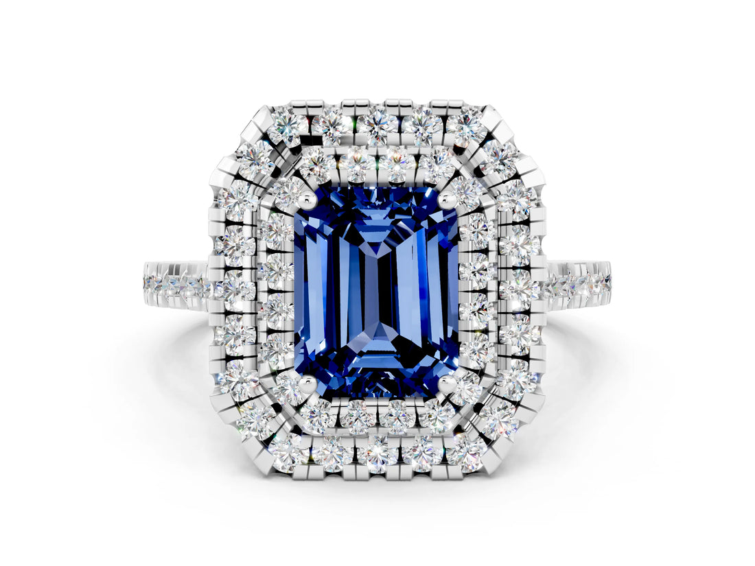 White gold Double Halo Emerald Cut Blue Sapphire Pavé Band with Four-Prong Setting