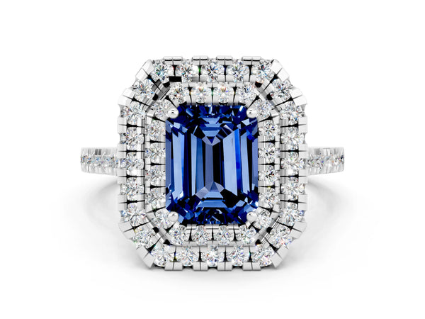 Platinum Double Halo Emerald Cut Blue Sapphire Pavé Band with Four-Prong Setting