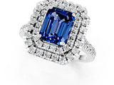 White gold Double Halo Emerald Cut Blue Sapphire Pavé Band with Four-Prong Setting_1