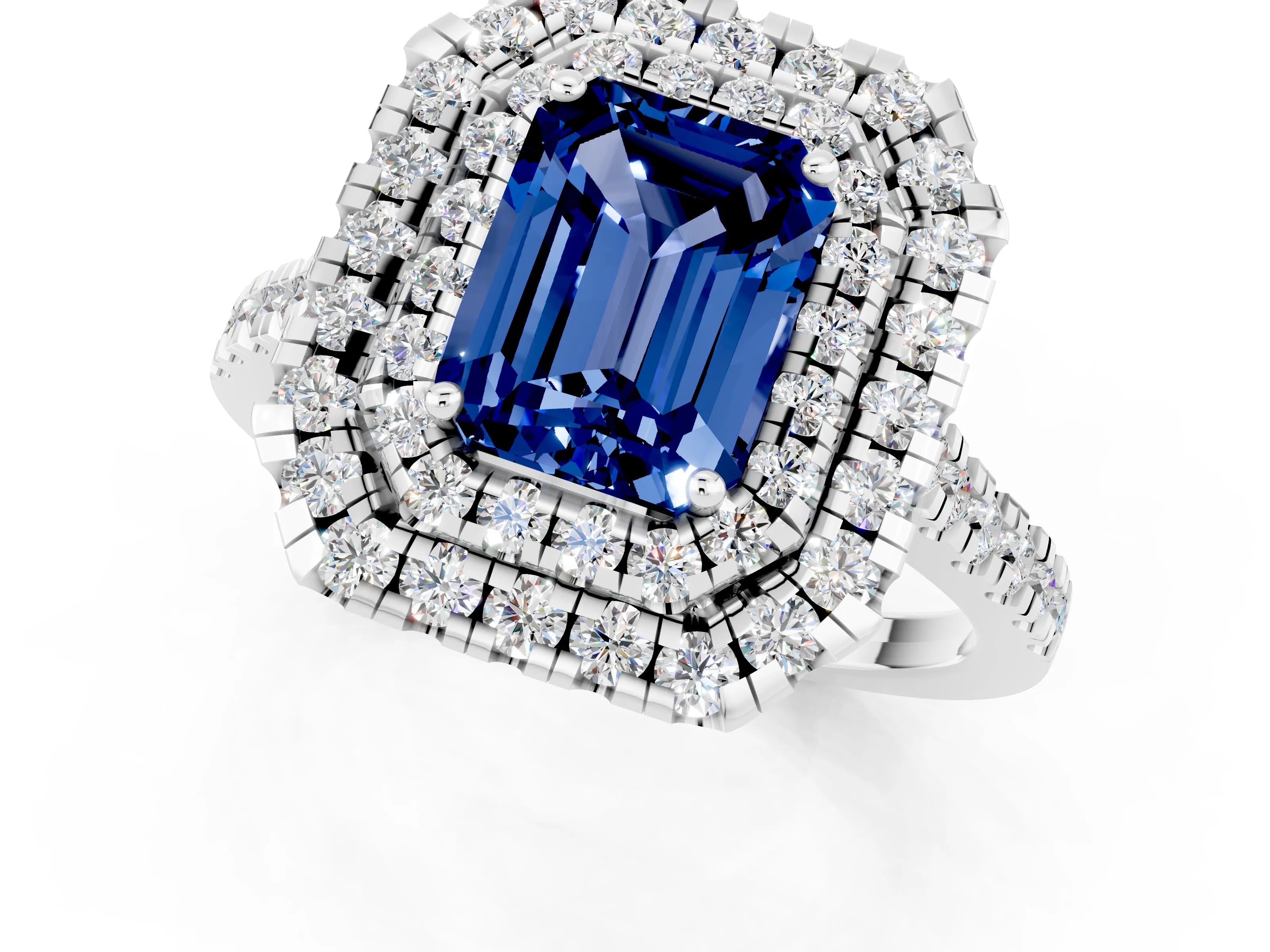 White gold Double Halo Emerald Cut Blue Sapphire Pavé Band with Four-Prong Setting_1
