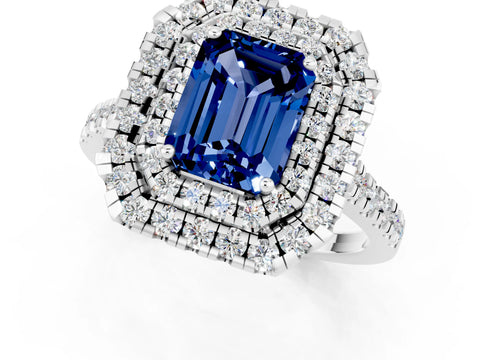 White gold Double Halo Emerald Cut Blue Sapphire Pavé Band with Four-Prong Setting_1