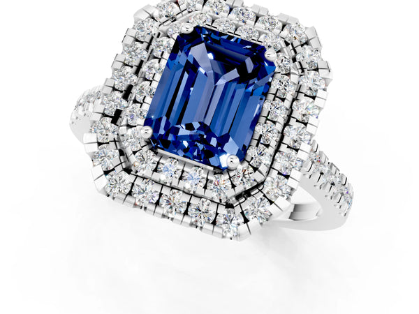 White gold Double Halo Emerald Cut Blue Sapphire Pavé Band with Four-Prong Setting