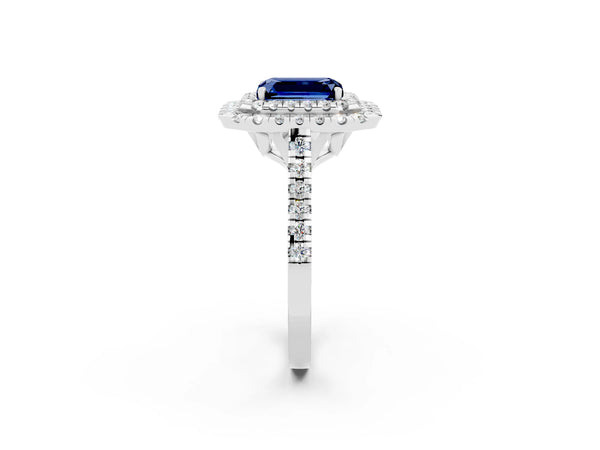 White gold Double Halo Emerald Cut Blue Sapphire Pavé Band with Four-Prong Setting