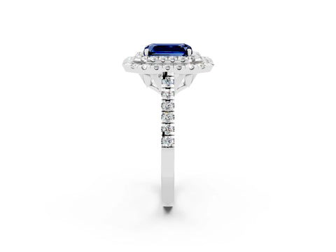 White gold Double Halo Emerald Cut Blue Sapphire Pavé Band with Four-Prong Setting_2