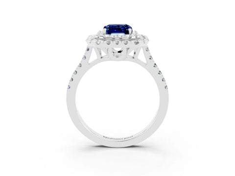 White gold Double Halo Emerald Cut Blue Sapphire Pavé Band with Four-Prong Setting_3
