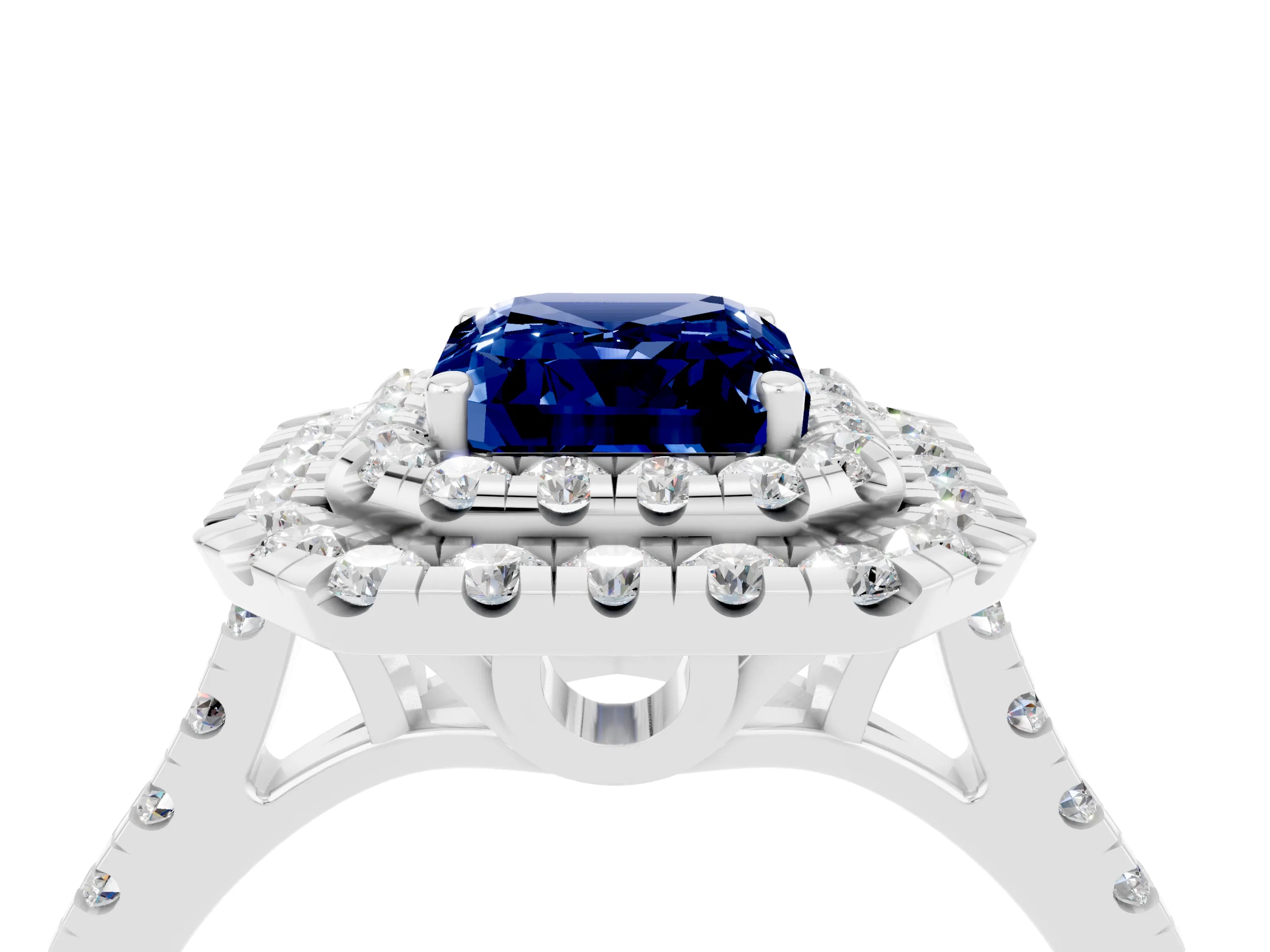White gold Double Halo Emerald Cut Blue Sapphire Pavé Band with Four-Prong Setting_4