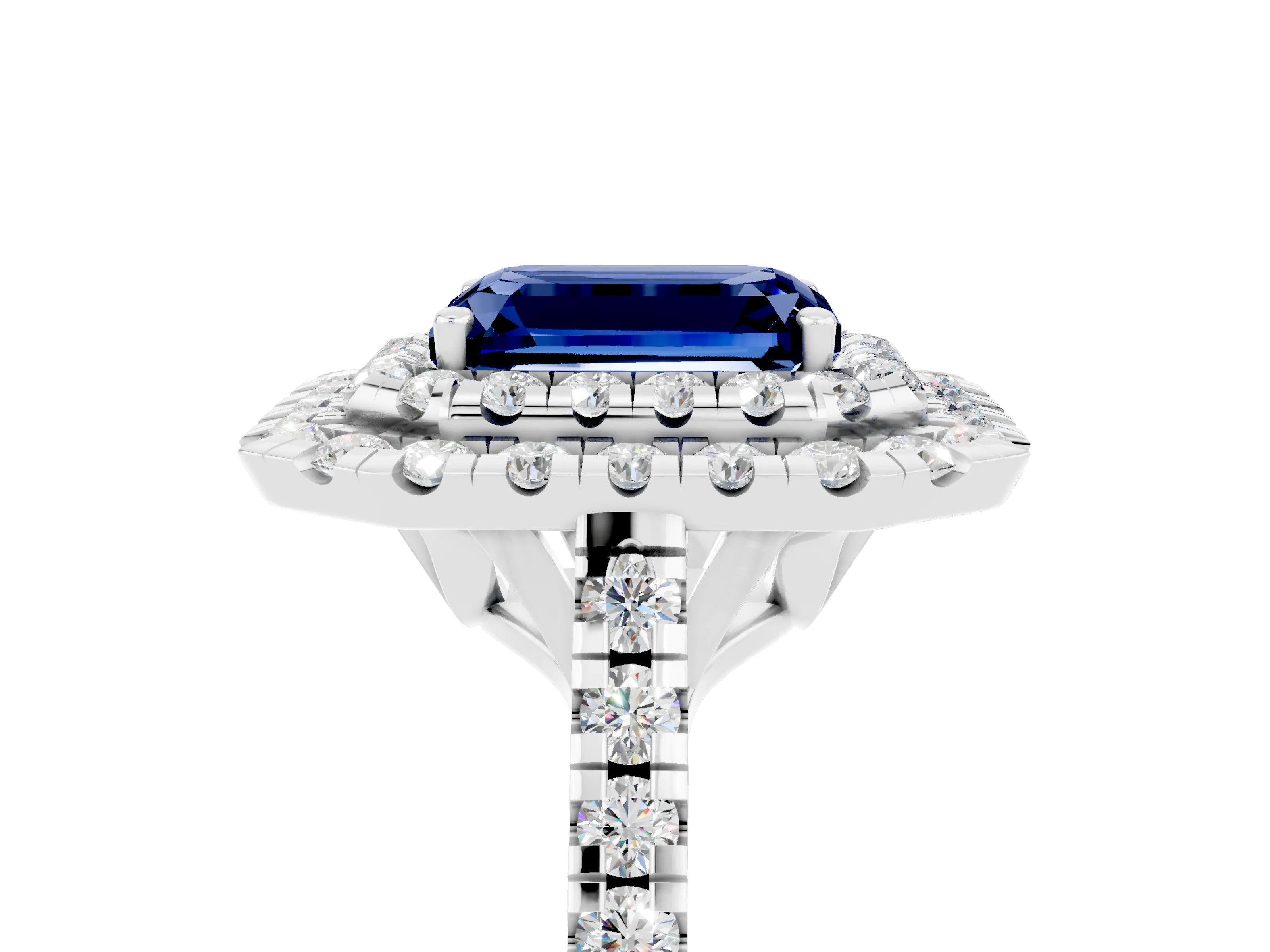 White gold Double Halo Emerald Cut Blue Sapphire Pavé Band with Four-Prong Setting_5
