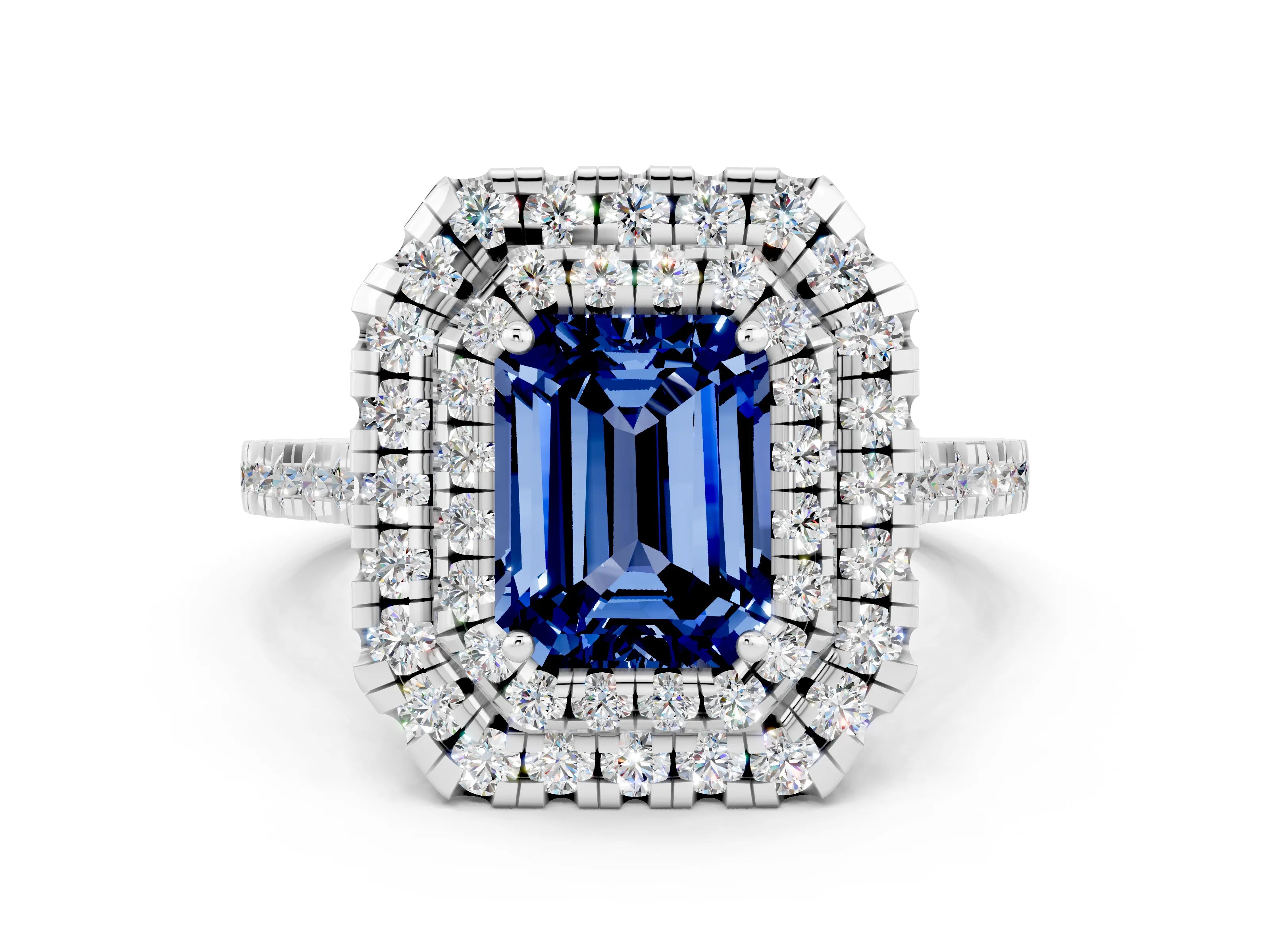 White gold Double Halo Emerald Cut Blue Sapphire Pavé Band with Four-Prong Setting