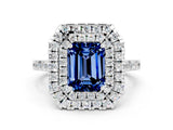 White gold Double Halo Emerald Cut Blue Sapphire Pavé Band with Four-Prong Setting