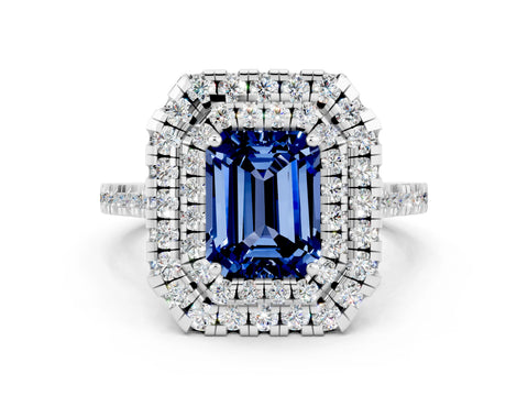 White gold Double Halo Emerald Cut Blue Sapphire Pavé Band with Four-Prong Setting