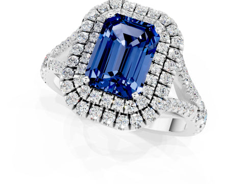 White gold Double Halo Emerald Cut Blue Sapphire Pavé Split Shank Ring with Prong Setting_1
