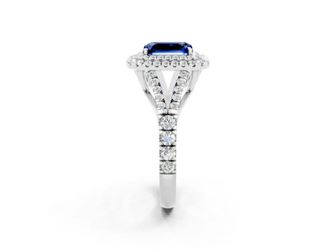 White gold Double Halo Emerald Cut Blue Sapphire Pavé Split Shank Ring with Prong Setting_2