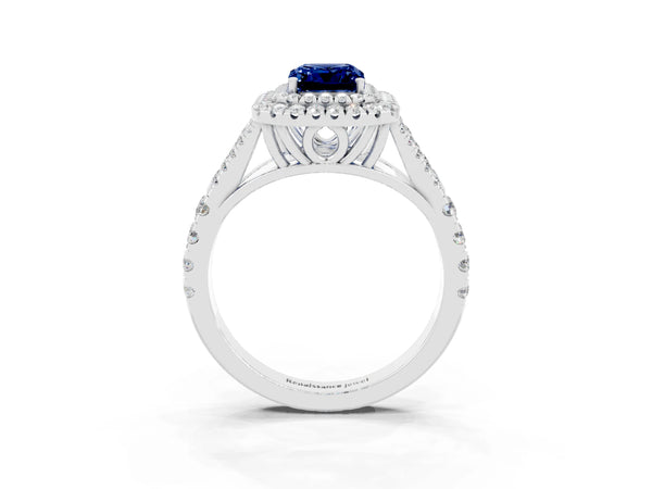 Platinum Double Halo Emerald Cut Blue Sapphire Pavé Split Shank Ring with Prong Setting