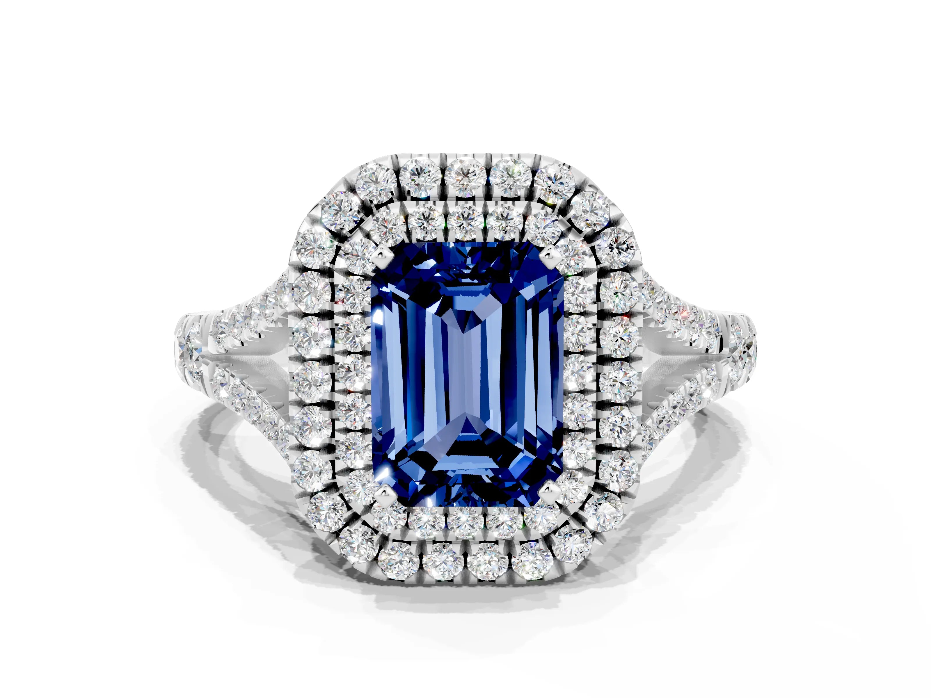 White gold Double Halo Emerald Cut Blue Sapphire Pavé Split Shank Ring with Prong Setting