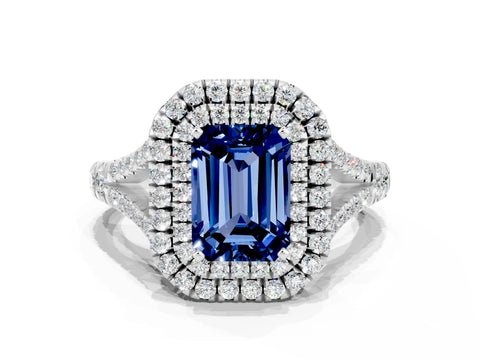 White gold Double Halo Emerald Cut Blue Sapphire Pavé Split Shank Ring with Prong Setting