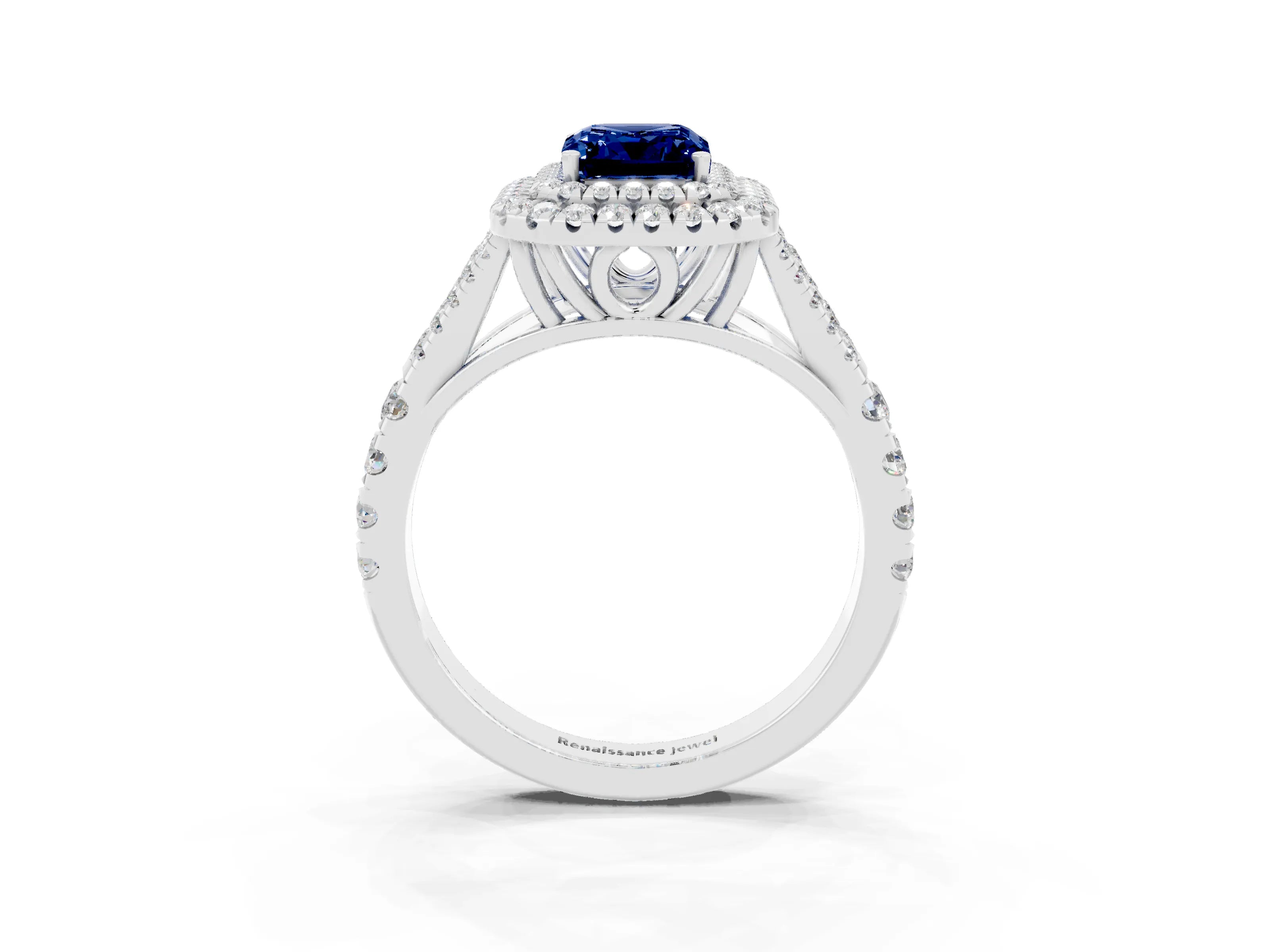 White gold Double Halo Emerald Cut Blue Sapphire Pavé Split Shank Ring with Prong Setting_3