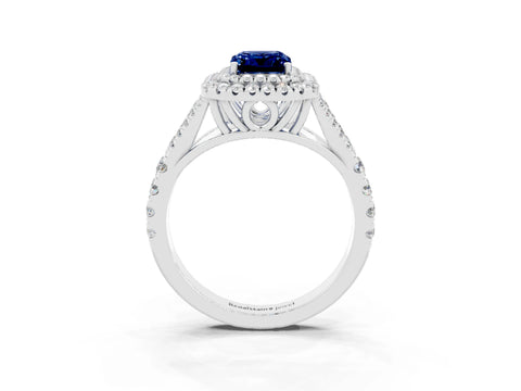 White gold Double Halo Emerald Cut Blue Sapphire Pavé Split Shank Ring with Prong Setting_3