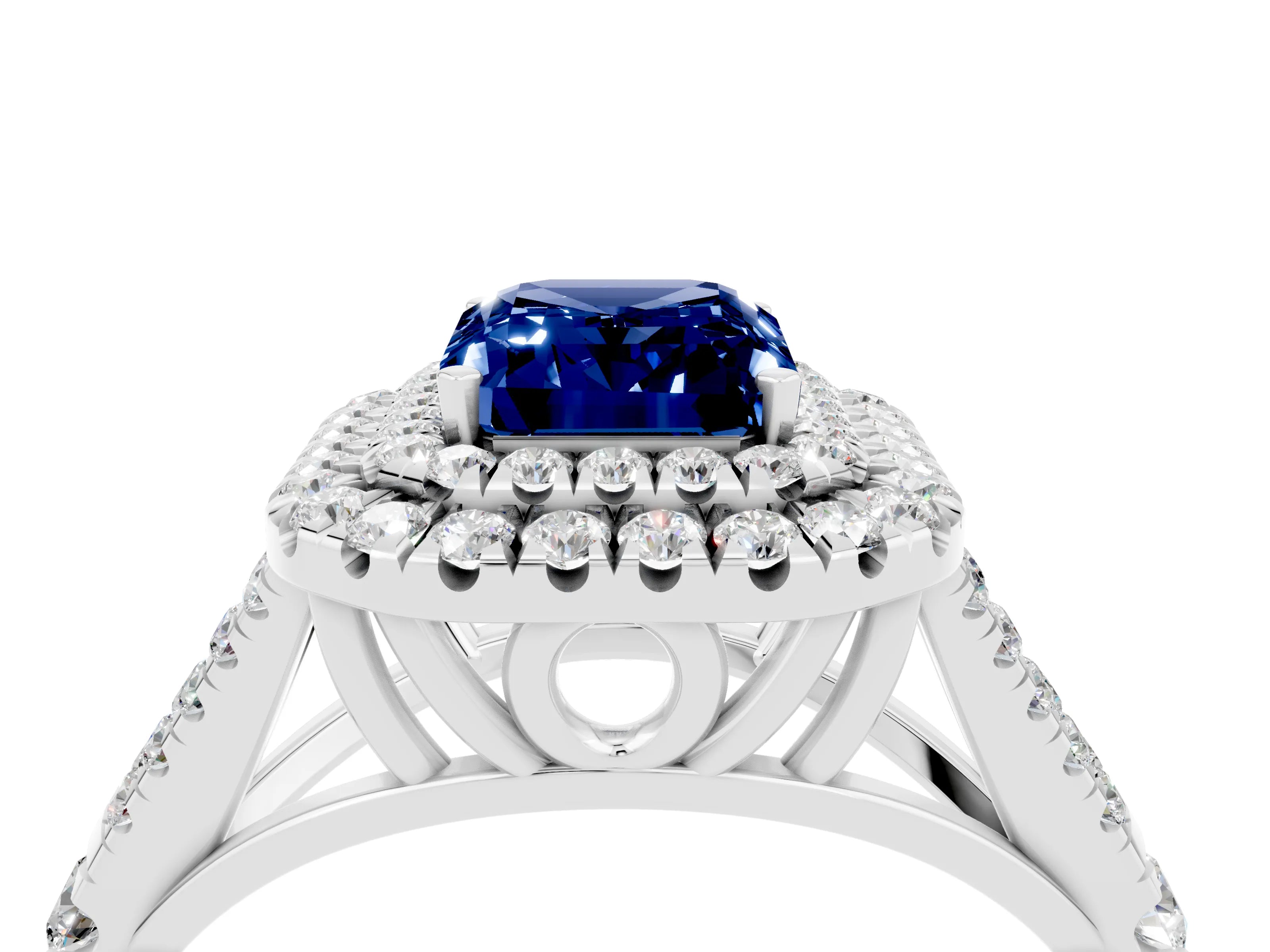 White gold Double Halo Emerald Cut Blue Sapphire Pavé Split Shank Ring with Prong Setting_4