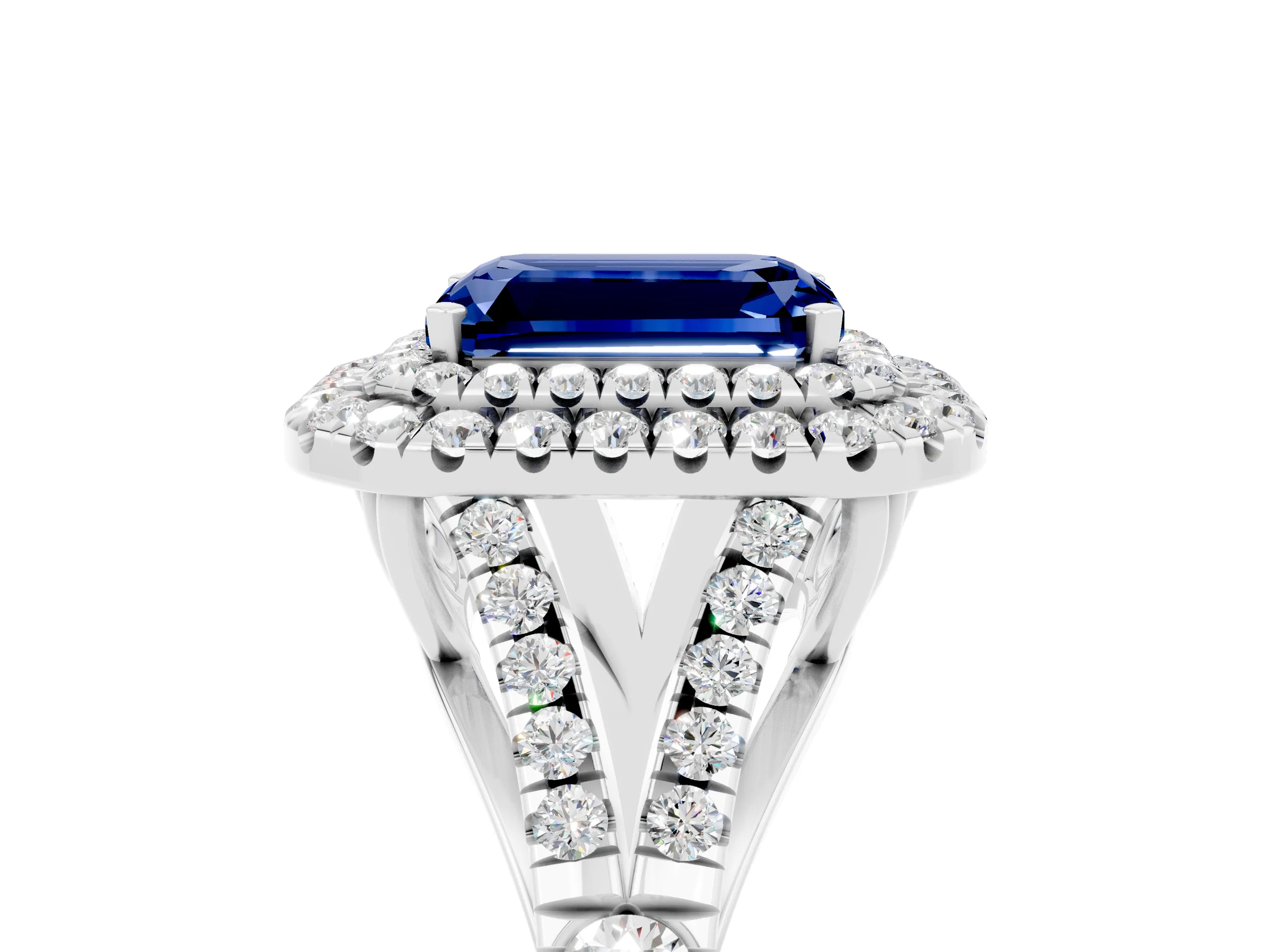 White gold Double Halo Emerald Cut Blue Sapphire Pavé Split Shank Ring with Prong Setting_5