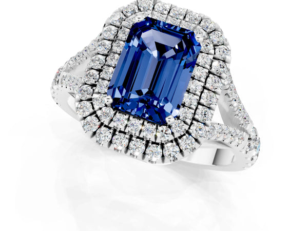 Platinum Double Halo Emerald Cut Blue Sapphire Split Shank Engagement Ring with Four-Prong Setting