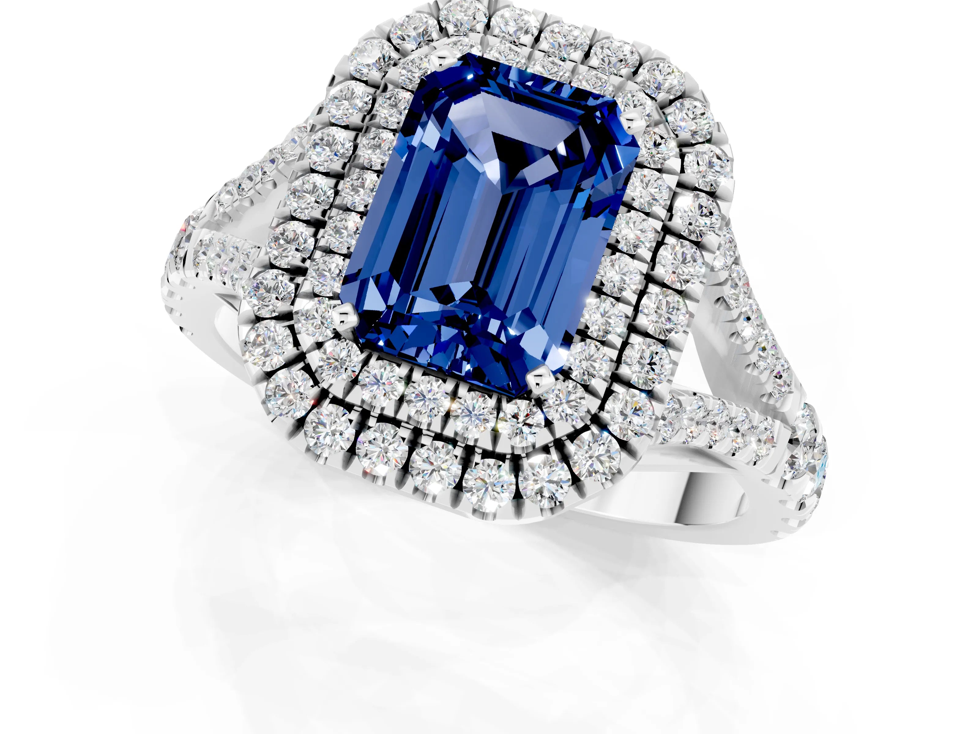White gold Double Halo Emerald Cut Blue Sapphire Split Shank Engagement Ring with Four-Prong Setting_1
