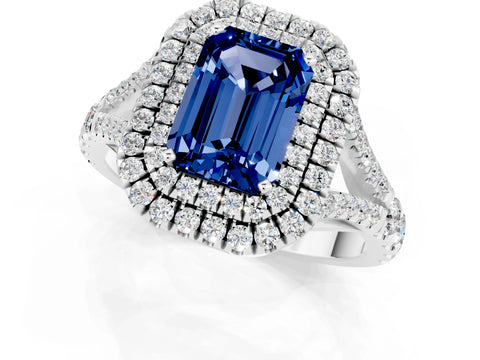 White gold Double Halo Emerald Cut Blue Sapphire Split Shank Engagement Ring with Four-Prong Setting_1