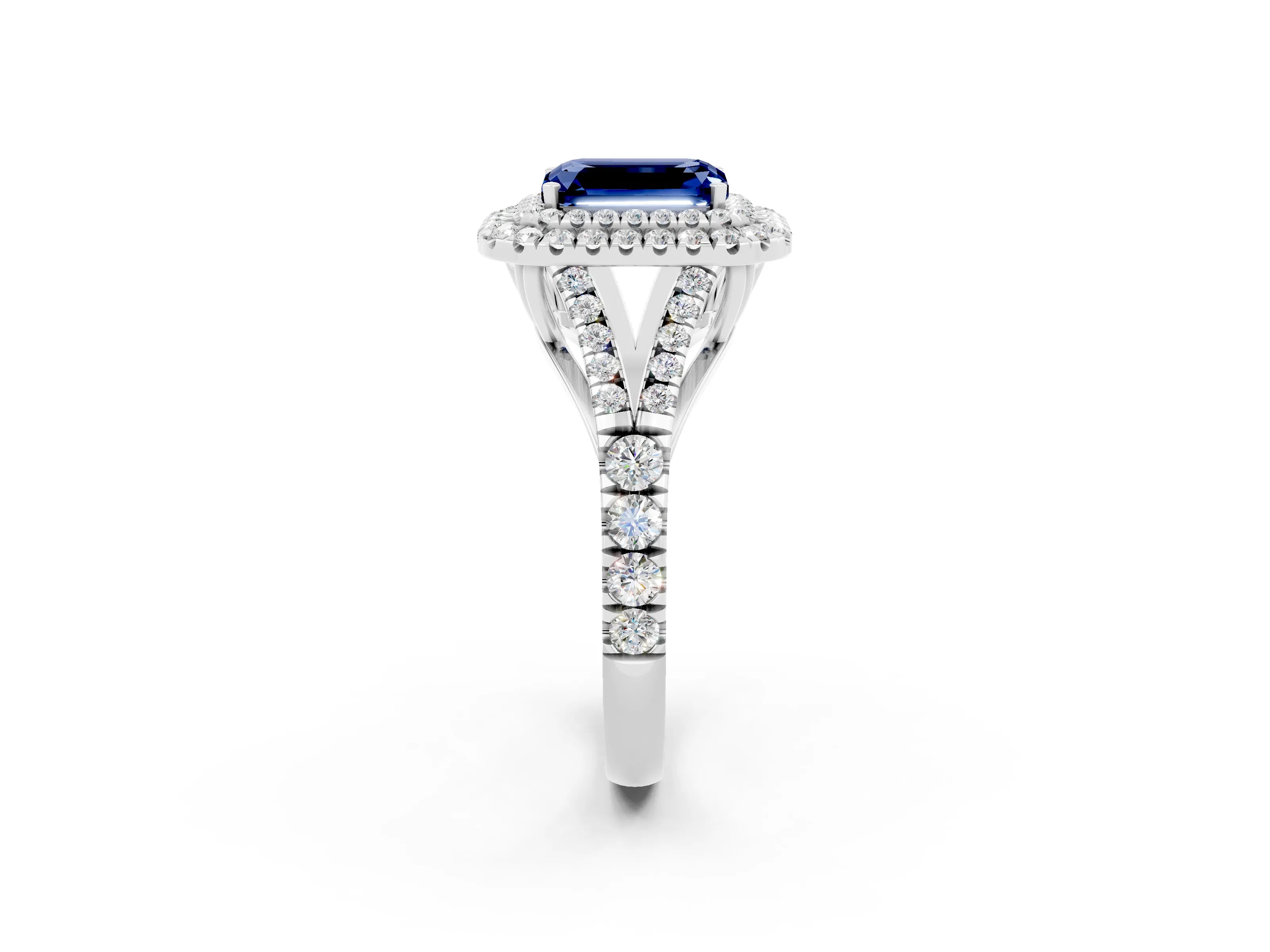 White gold Double Halo Emerald Cut Blue Sapphire Split Shank Engagement Ring with Four-Prong Setting_2