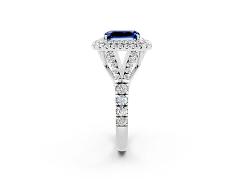 White gold Double Halo Emerald Cut Blue Sapphire Split Shank Engagement Ring with Four-Prong Setting_2