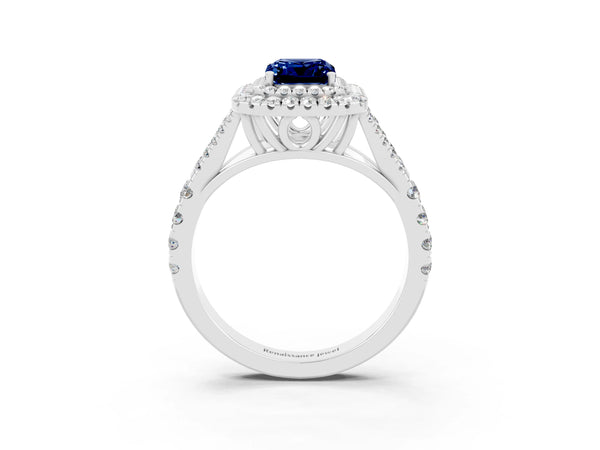 Silver Double Halo Emerald Cut Blue Sapphire Split Shank Engagement Ring with Four-Prong Setting