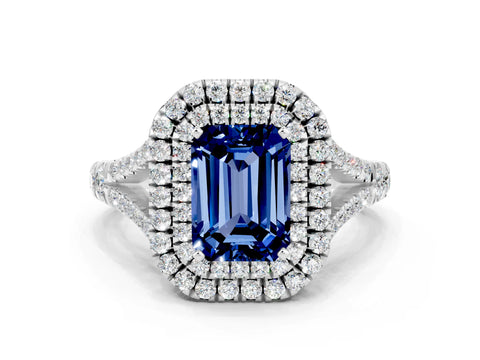 White gold Double Halo Emerald Cut Blue Sapphire Split Shank Engagement Ring with Four-Prong Setting