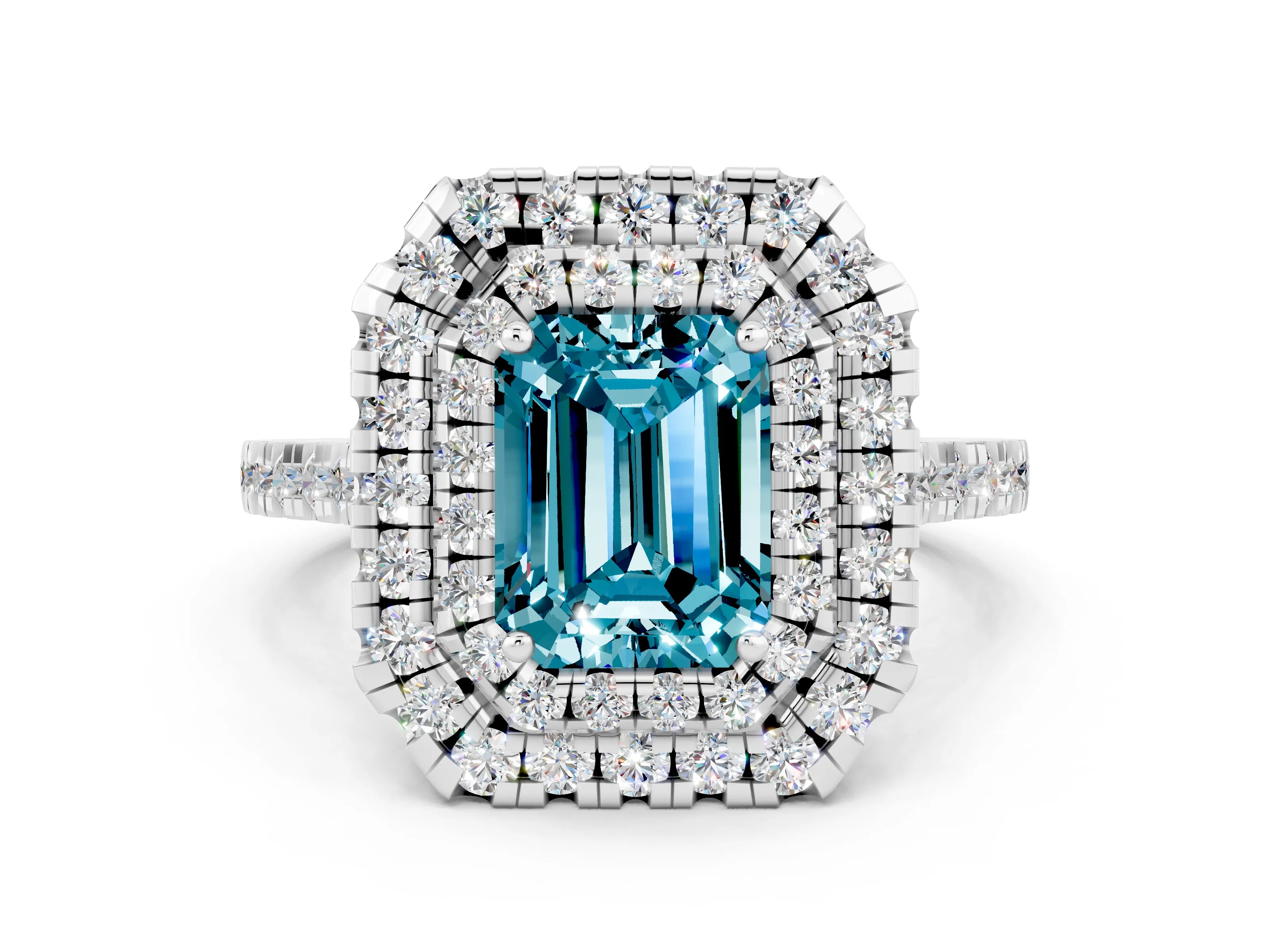 White gold Double Halo Emerald Cut Blue Topaz Pavé Band with Four-Prong Setting
