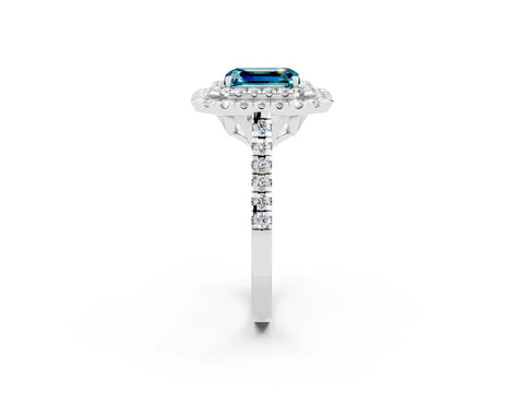 White gold Double Halo Emerald Cut Blue Topaz Pavé Band with Four-Prong Setting_2