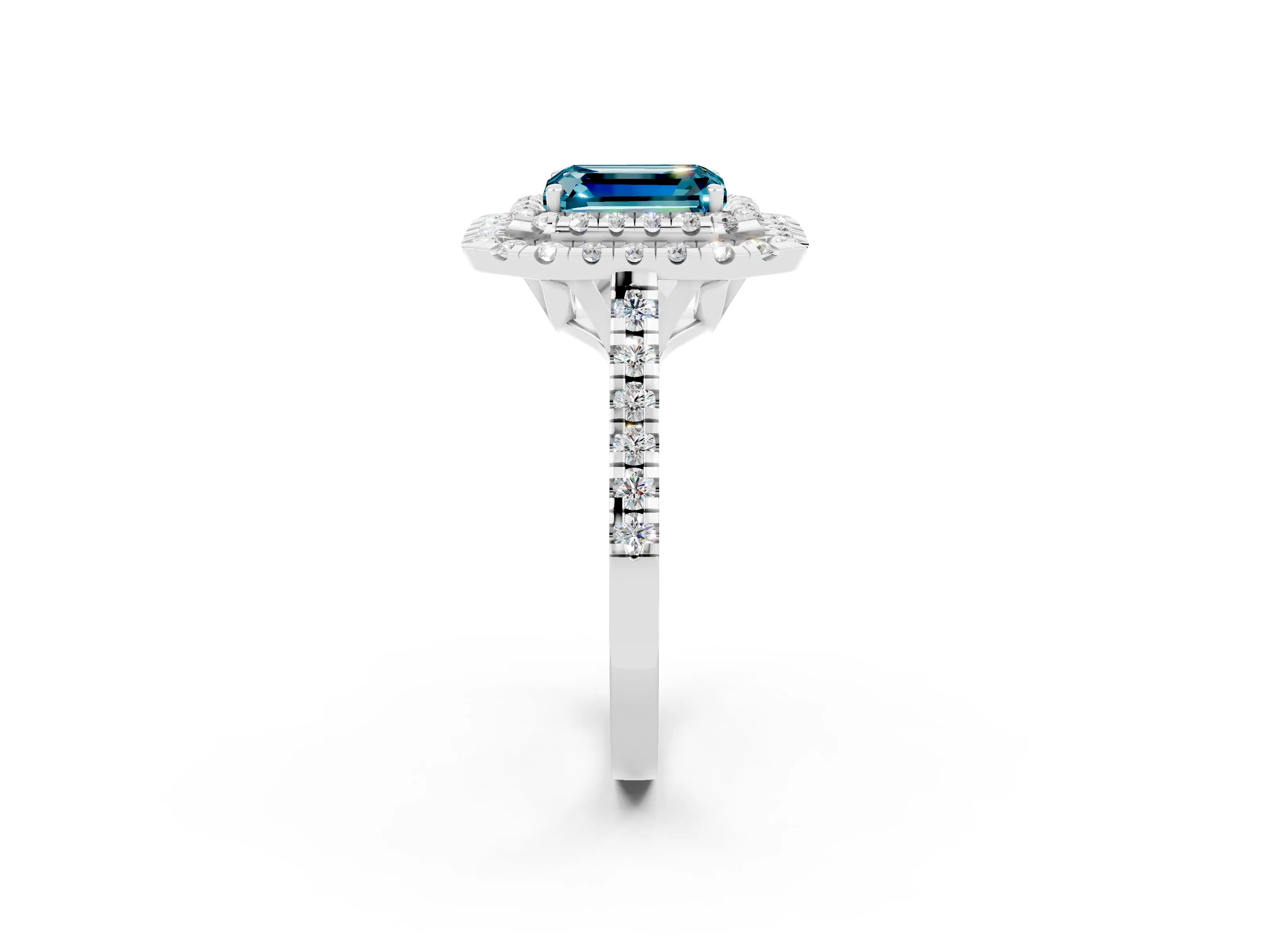 White gold Double Halo Emerald Cut Blue Topaz Pavé Band with Four-Prong Setting_2