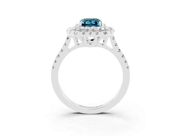 Platinum Double Halo Emerald Cut Blue Topaz Pavé Band with Four-Prong Setting