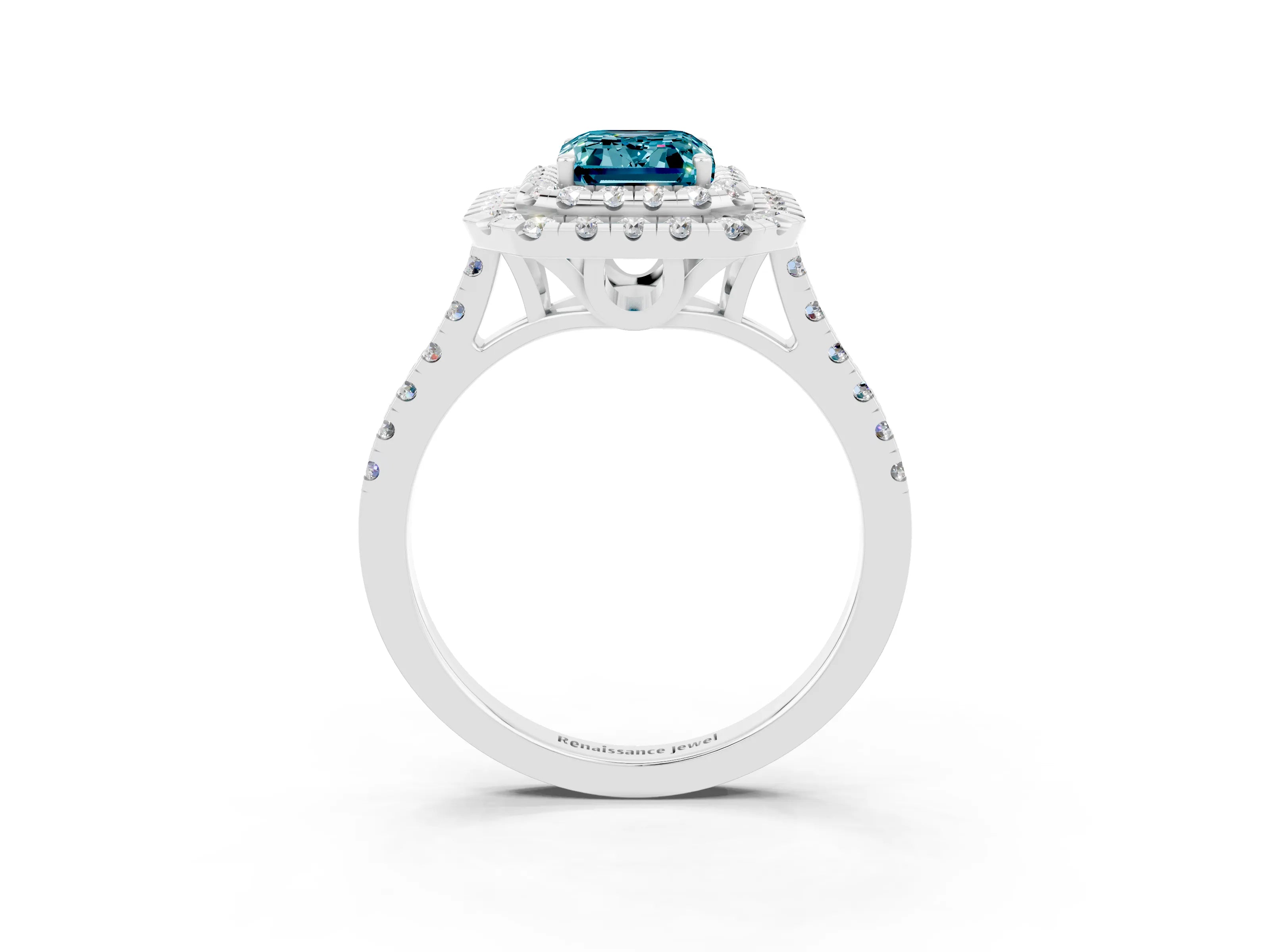 White gold Double Halo Emerald Cut Blue Topaz Pavé Band with Four-Prong Setting_3
