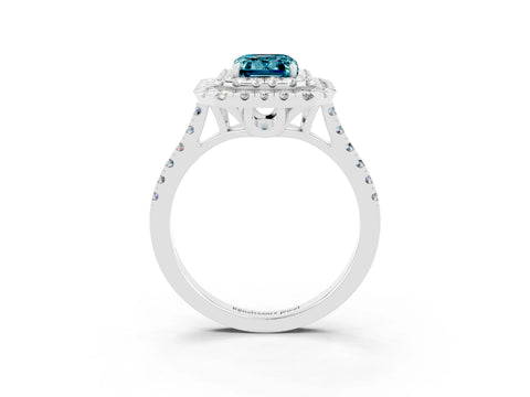 White gold Double Halo Emerald Cut Blue Topaz Pavé Band with Four-Prong Setting_3